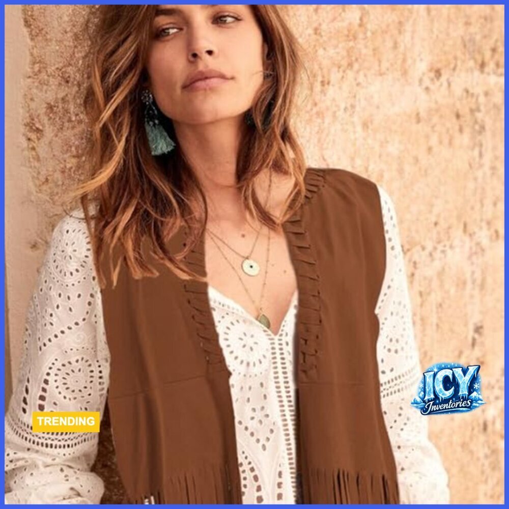 Faux Suede Fringe Vest Hippie Costume Set with Accessories - Picture 6 of 7